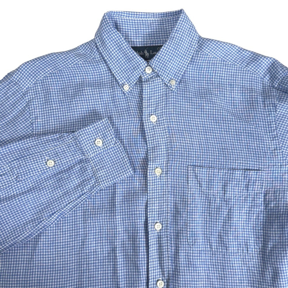 Ralph Lauren Classic Fit Blue Gingham Linen Button Down Shirt Long Sleeve Mens S